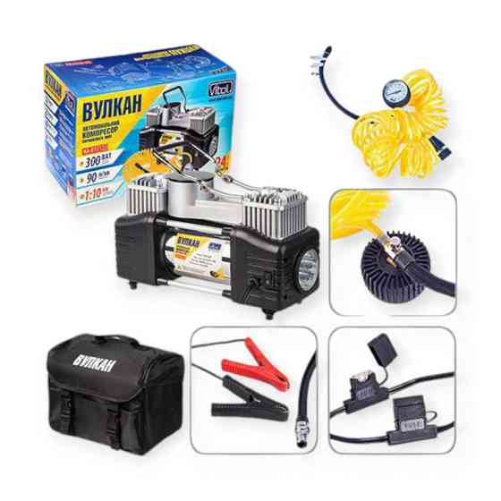 Компрессор 2 цилин вулкан 300w/10атм/90л/7,5м шланг спирал с ман. и дефлятором/фонарь/клемы Мукачево