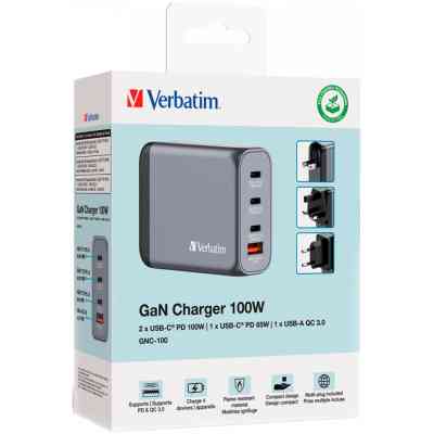 Зарядное устройство Verbatim GaN 100 W 4 ports (2xUSB-C-100 W,USB-C 65 W /USB-A -3.0) (32202) Винница