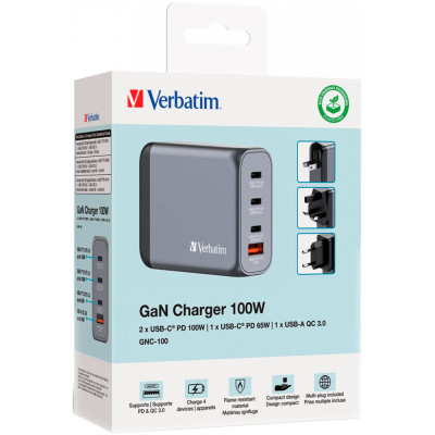 Зарядное устройство Verbatim GaN 100 W 4 ports (2xUSB-C-100 W,USB-C 65 W /USB-A -3.0) (32202) Винница - изображение 6