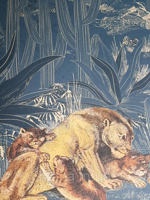 Обои виниловые  Lutece Bensimon панно 260х250 см джунгли львы пантеры пальмы кактусы на синем Киев - изображение 4