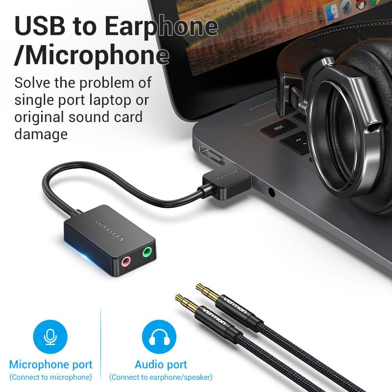 Звукова карта USB AUX jack, 2*TRS (Mic + Ear) 0.15м  Vention чорна Винница - изображение 3