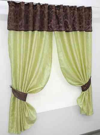 Кухонные шторы VR-Textil № 073к с ламбрекеном и подхватами салатовый с коричневым 270х170 см (52-0159) Киев