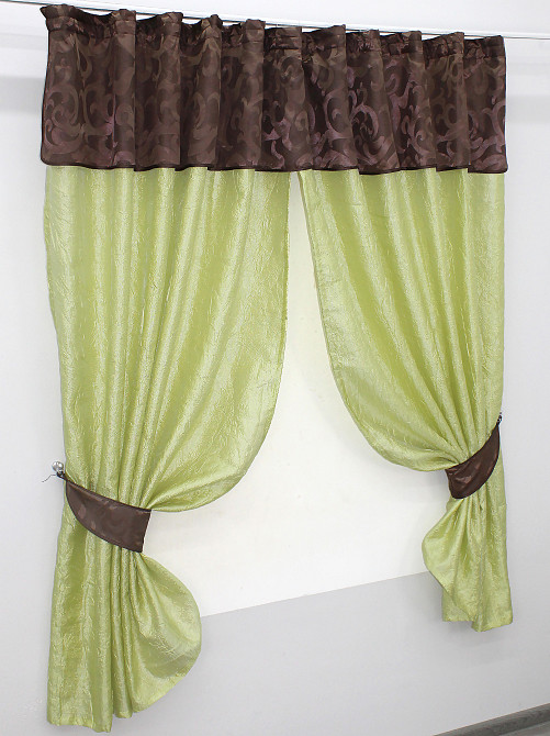 Кухонні штори VR-Textil № 073к з ламбрекеном і підхватами салатовий з коричневим 270х170 см (52-0159) Київ - фото 2