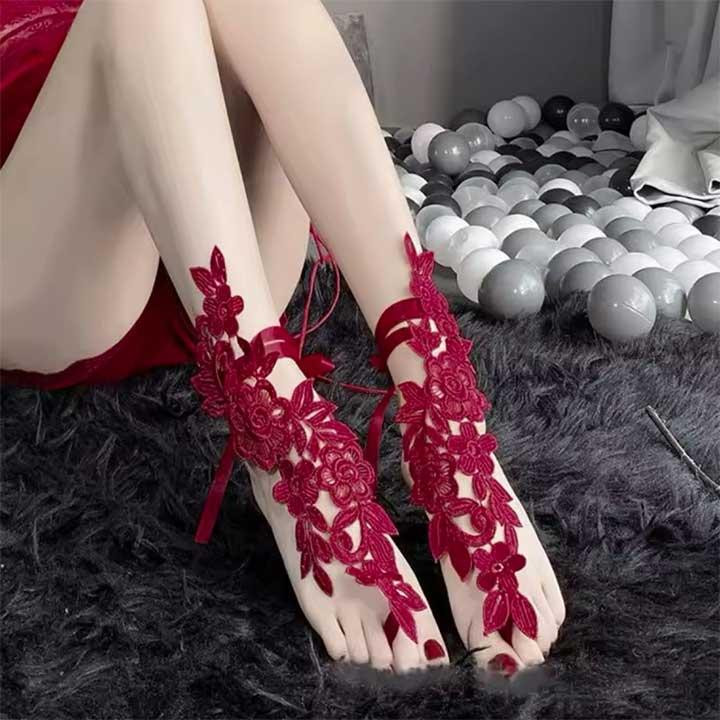 Кружевные цветочные гольфы с завязками XS/S/М/L (1,2,3,4) Бордовый – Эротическое бельё Винница - изображение 4