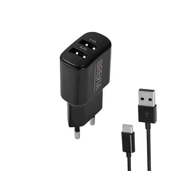 Сетевое зарядное устройство Brevia ePower 12W 2xUSB-A + кабель USB-A to USB-C 1м черный Львов