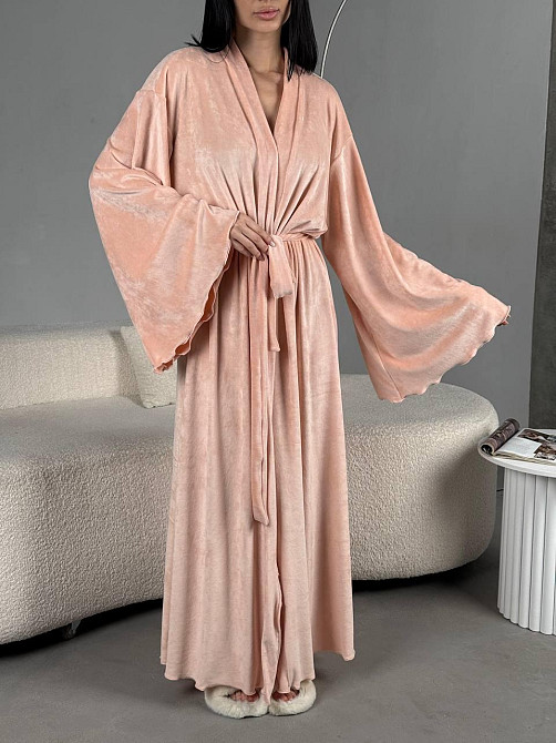 Женский стильный домашний велюровый макси халат плюш велюр Персик, 48/52 Одесса - изображение 2