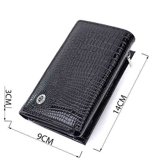 Жіночий гаманець у три складання з лакованої фактурної натуральної шкіри ST Leather 22707 Чорний Київ