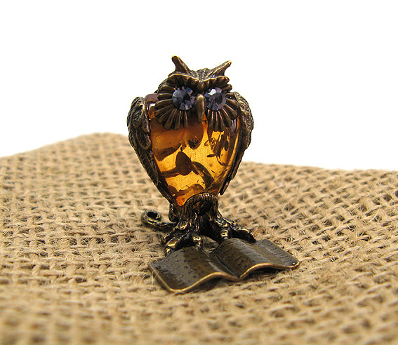 Фігурка мініатюрна з бурштину та брози Сова з книгою Київ - фото 1