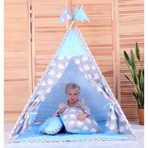 Вігвам Хатка комплект Невелика Блакитний із сірим із подушками — Великий 150*150 см Київ