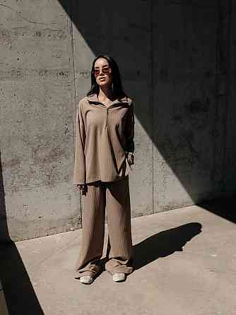 Женский повседневный оверсайз костюм двойка: кофта и штаны трикотаж пума рубчик Одесса