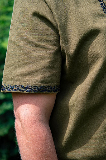 Вышиванка мужская, лен, короткий рукав,  хаки, топ Киев - изображение 3