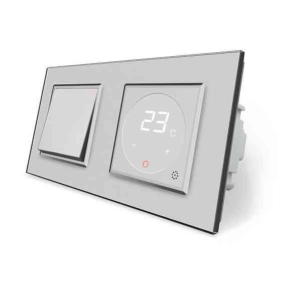 Комбінований вимикач та терморегулятор (термостат) програмований для електричної теплої підлоги LIVOLO, сірий скляний, в одній рамці (VL-C7FCMKSQ1-4IP Коломия