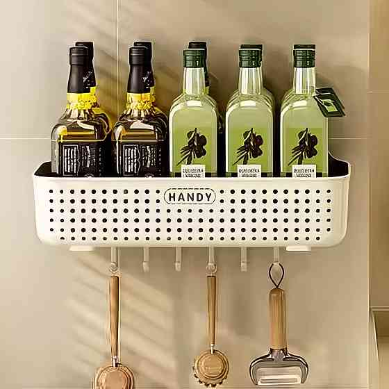 Органайзер для кухні із пластику, настінний кошик з гачками, пластиковий, 26×13×8см, білий колір Кам'янець-Подільський