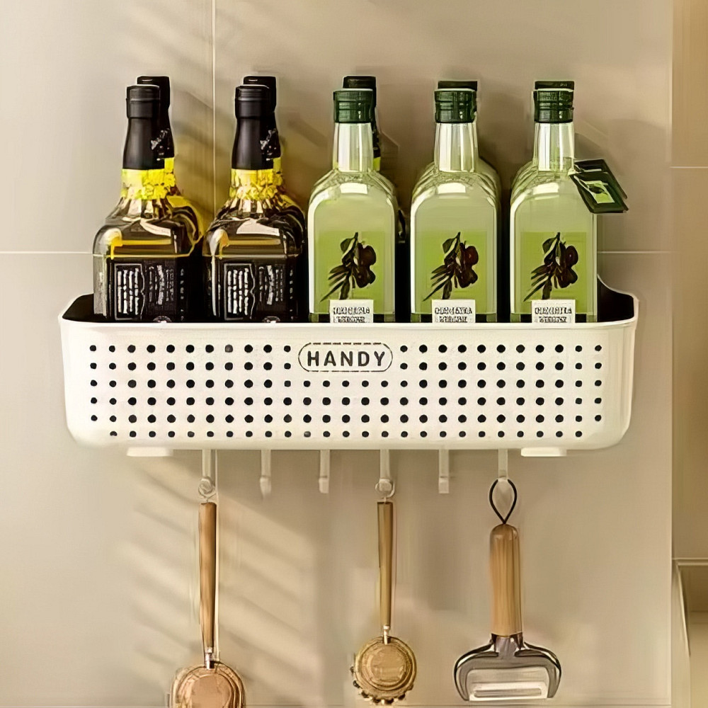 Органайзер для кухні із пластику, настінний кошик з гачками, пластиковий, 26×13×8см, білий колір Кам'янець-Подільський - фото 1