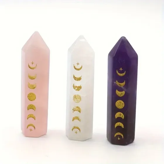 Набір кристалів: рожевий кварц, прозорий кварц і аметист із гравіюванням фаз Місяця Київ