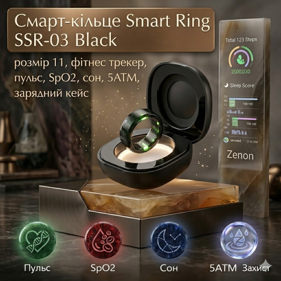Смарт-кільце Smart Ring SSR-03 Black розмір 11, фітнес трекер, пульс, SpO2, сон, 5ATM, зарядний кейс Київ