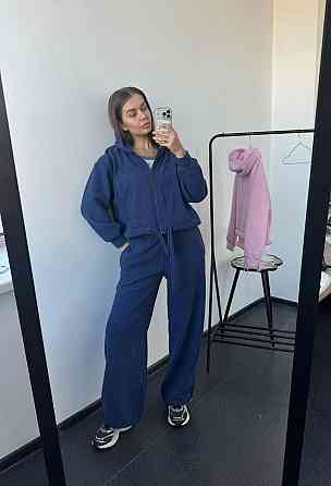 Женский теплый прогулочный костюм двойка: худи и брюки двусторонний полар флис Темно-синий, 44/48 Одесса