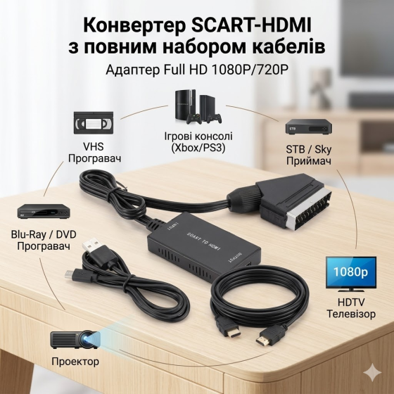 Конвертер SCART–HDMI 1080P з USB-кабелем, відео-аудіо адаптер для телевізора, проєктора, DVD, VHS і приставок Київ