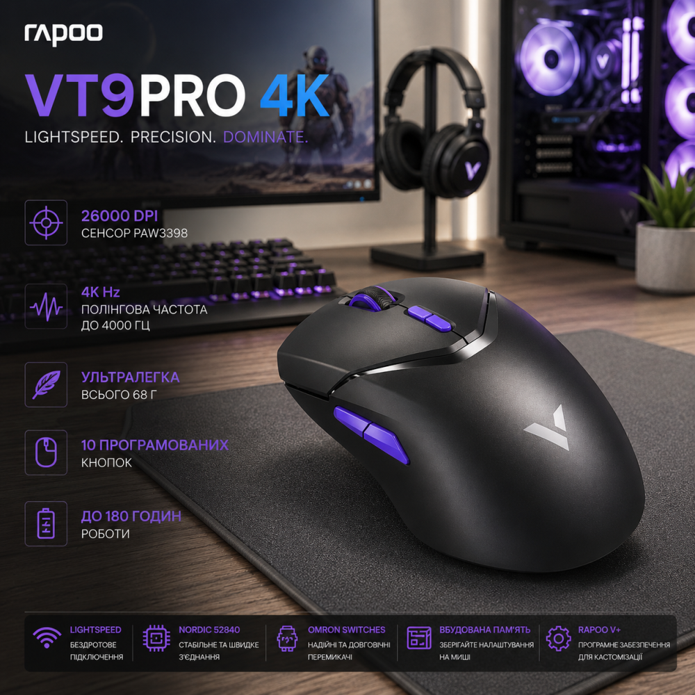 Беспроводная игровая мышь RAPOO VT9Pro 4K Black: 26000 DPI, частота 4000 Гц, сенсор PAW 3398, 68г, до 180 ч работы, 10 кнопок Киев - изображение 11