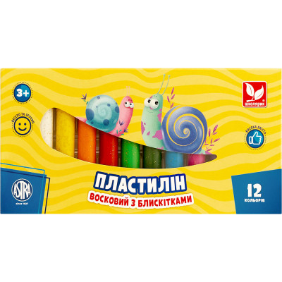 Пластилин Школярик Восковый Круглый с блестками 12 цветов 156 г (303107001-UA) Винница - изображение 1