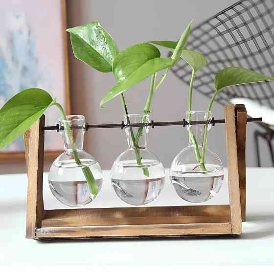 Декоративная ваза RESTEQ с тремя стеклянными колбами на деревянной подставке — стильный аксессуар для цветов и растений Киев