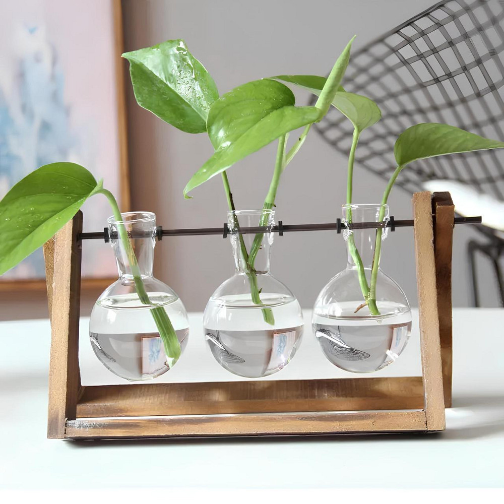 Декоративная ваза RESTEQ с тремя стеклянными колбами на деревянной подставке — стильный аксессуар для цветов и растений Киев - изображение 1