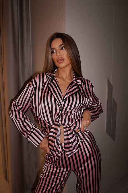 Женская шелковая пижама двойка в полоску Черный, 52/54 Одесса - изображение 7