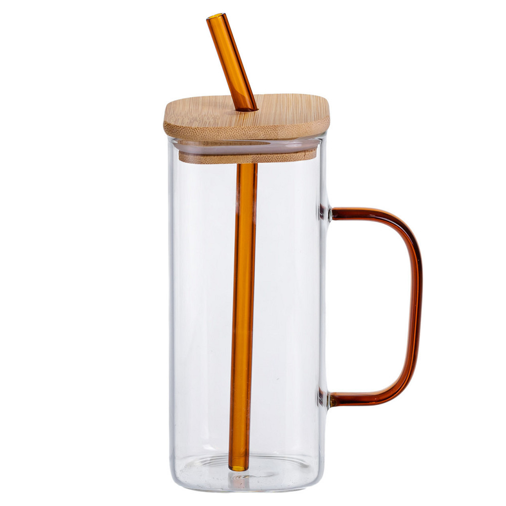 Скляна чашка 400 мл з бамбуковою кришкою і золотистою трубочкою HP-19-146GOLD SBR Київ - фото 1