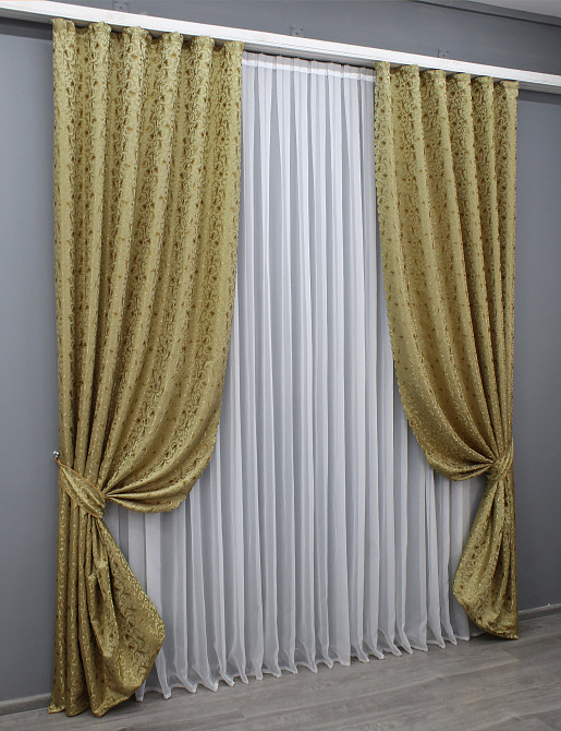 Комплект готовых штор VR-Textil Жаккард № 1588ш Золотистый 140х270 см 2 шт (33-0455) Киев - изображение 3