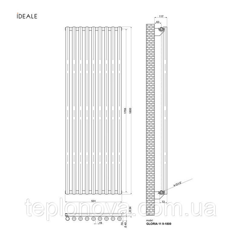 Дизайнерский радиатор 1800/531 (мм) черный мат IDEALE GLORIA  (универсальное подключение) 11 9/1800/531 Черновцы - изображение 7