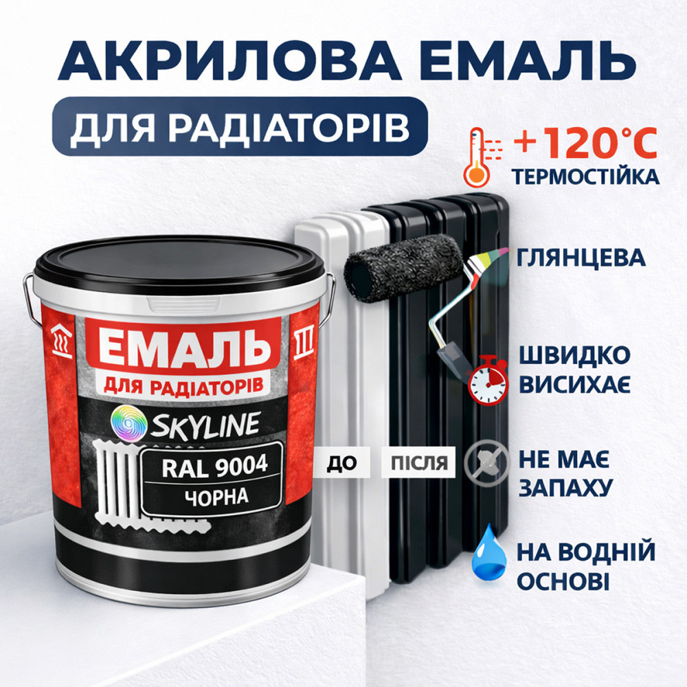 Акрилова емаль для радіаторів і труб опалення SkyLine, глянцева, термостійка, без запаху, чорна, 5 л Харків - фото 3