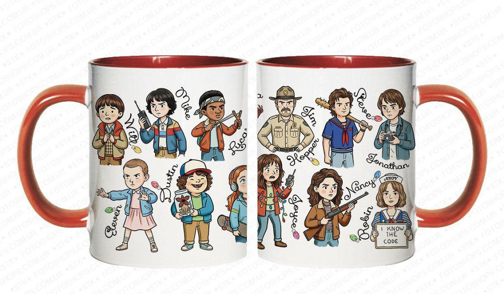 ☕ Кухоль з головними героями серіалу «Дуже дивні справи» (Stranger Things) Білий з червонім Одеса - фото 1