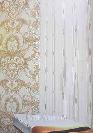 Шпалери вінілові на флізеліні AdaWall Seyyah 1.06х10 смуги широкі завитки розетки структурні бежеві золото Київ