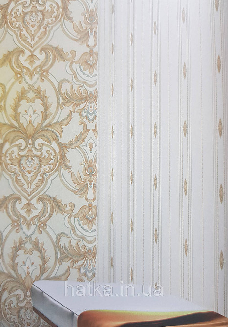 Шпалери вінілові на флізеліні AdaWall Seyyah 1.06х10 смуги широкі завитки розетки структурні бежеві золото Київ - фото 1