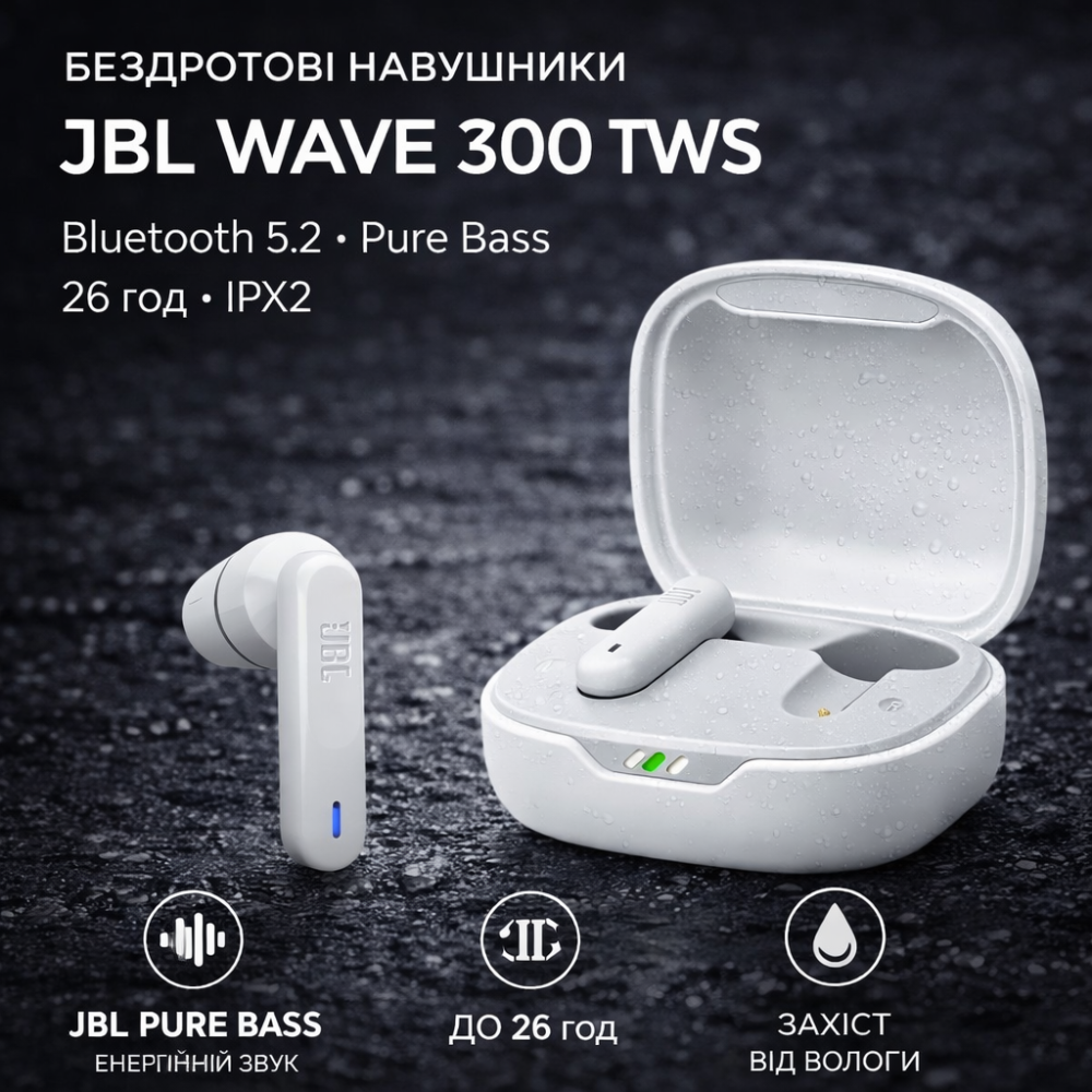 Навушники JBL Wave 300 TWS Bluetooth 5.2, Pure Bass, 26 год, сенсорне керування, IPX2, швидка зарядка Київ - фото 2