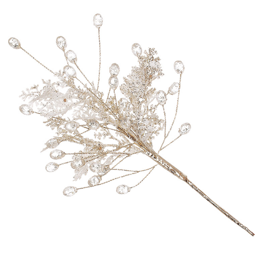 Декоративна гілка хвої з акриловими краплями 23см, колір - білий з гліттером шампань Житомир - фото 1