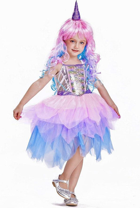 Костюм Єдинорога, карнавальна сукня для дівчаток з кольоровою перукою і фатином для свят, вечірок, вистав, гелловіна Київ - фото 3