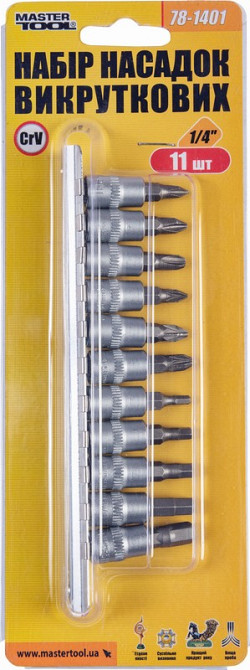 Набір головок торцевих MASTERTOOL ¼" з викрутковими насадками PH1-2-3/ PZ1-2-3/ HEX3-4-5-6-7 CrV 11 шт 78-1401 Коломия - фото 3