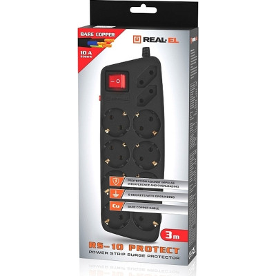 Мережевий фільтр живлення REAL-EL REAL-EL RS-10 Protect, 3m, black (EL122300039) Вінниця - фото 8