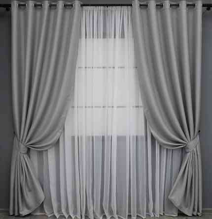 Комплект штор на люверсах VR-Textil Льон-блекаут 1397ш Сірий 150х250см 2 шт (37-0136) Київ