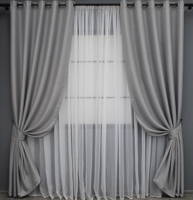 Комплект штор на люверсах VR-Textil Льон-блекаут 1397ш Сірий 150х250см 2 шт (37-0136) Київ - фото 2