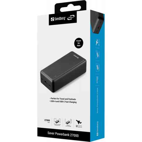 УМБ Sandberg 27000mAh Saver 22,5W 3A PD,QC3.0, USB-A,2xUSB-С, PowerThru, чорний Киев