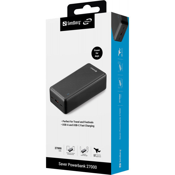 УМБ Sandberg 27000mAh Saver 22,5W 3A PD,QC3.0, USB-A,2xUSB-С, PowerThru, чорний Киев - изображение 3
