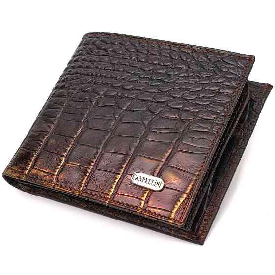 Оригінальне чоловіче портмоне з натуральної фактурної шкіри з тисненням під крокодила Темно-коричневе (CANPELLINI) Київ