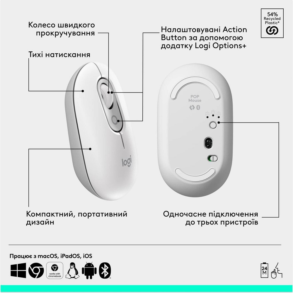 Комплект бездротовий (клавіатура, миша) Logitech Pop Icon Combo Off White (920-013141) Білий Харків - фото 8