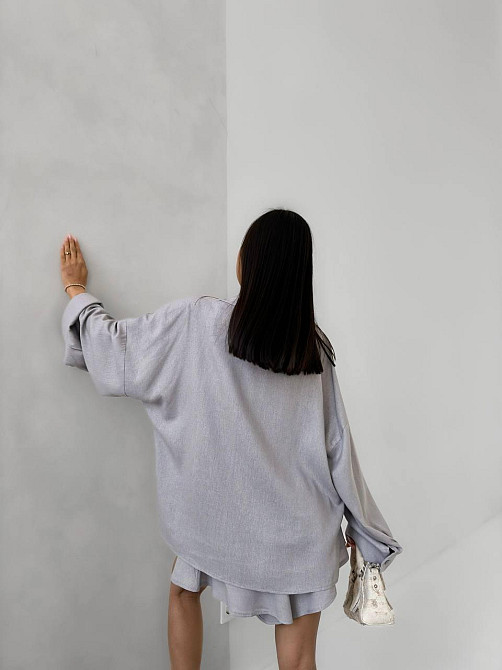 Жіночий літній оверсайз костюм-двійка: сорочка та шорти льон Сірий Одеса - фото 2