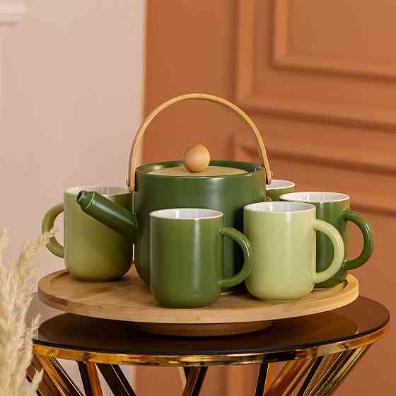 Чайный сервиз на 6 персон с бамбуковой подставкой, зеленый Киев