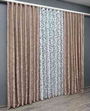 Комплект штор VR-Textil Жакард Вензель 100х270 2шт і Тюль 400х270 090ш-1147т Пудровий з білим 71-096/2 Київ