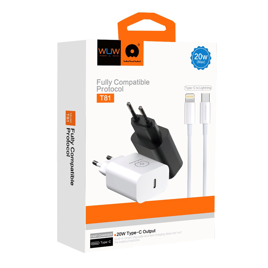 Мережевий зарядний пристрій з кабелем WUW-T81L PD 20W USB C fast charger +USB C to Lightning cable kit Одеса - фото 2