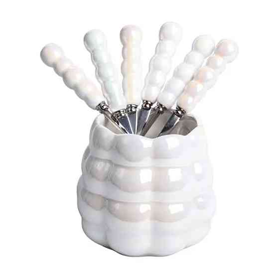 Набір десертних виделок і ложок на 3 персони з підставкою з порцелянау 7 предметів Перламутровий HP-20-62 Коломия